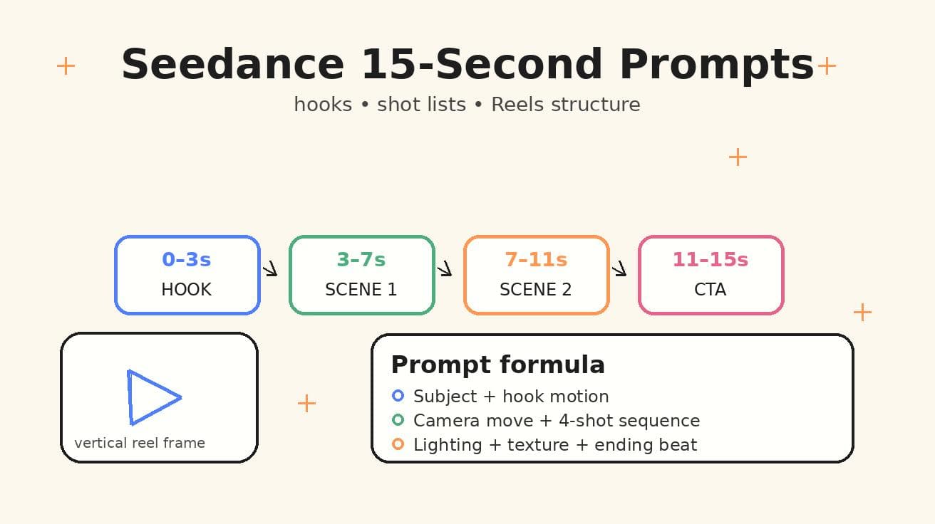 Seedance 15-Second Video Prompts 2026: Hooks, Shot Lists, and Reels