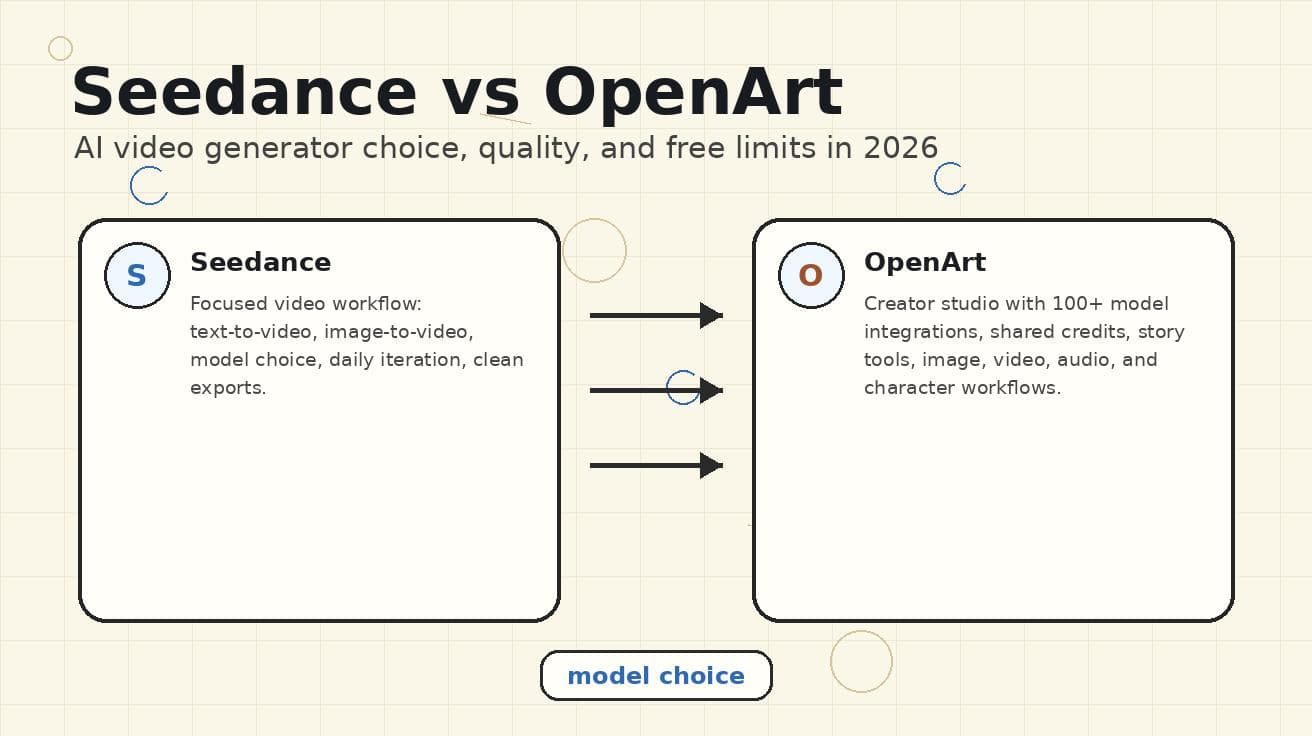 Seedance vs OpenArt Gerador de Vídeos AI 2026: Escolha do Modelo, Qualidade e Limites Gratuitos