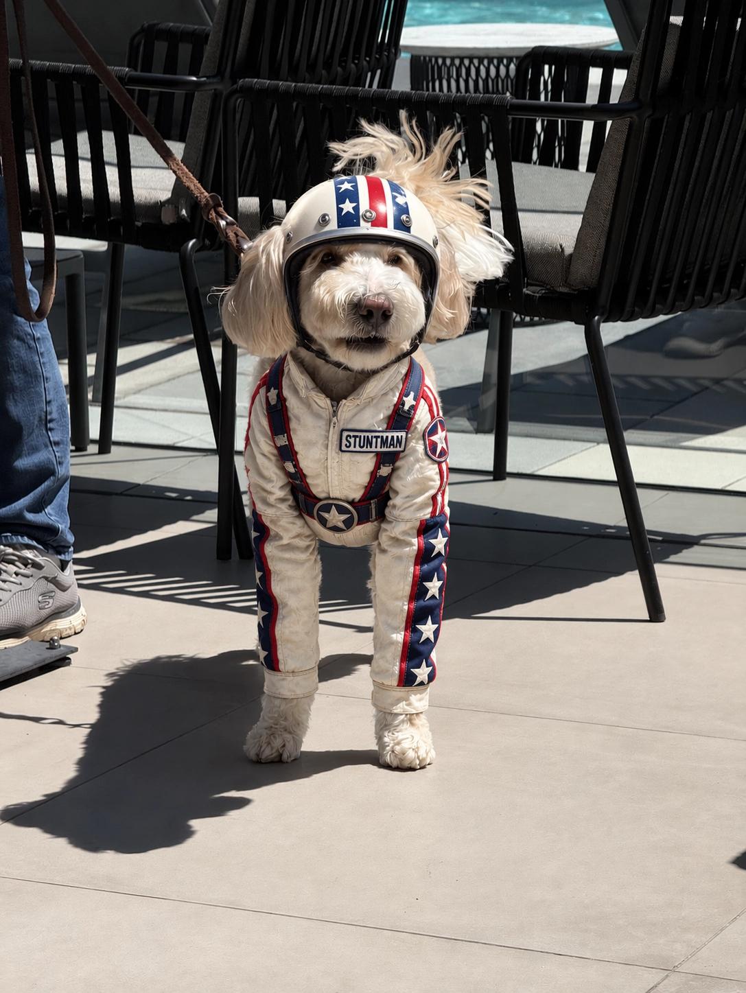 Official GPT Image 2.5 result: the same dog wearing a stunt suit and helmet