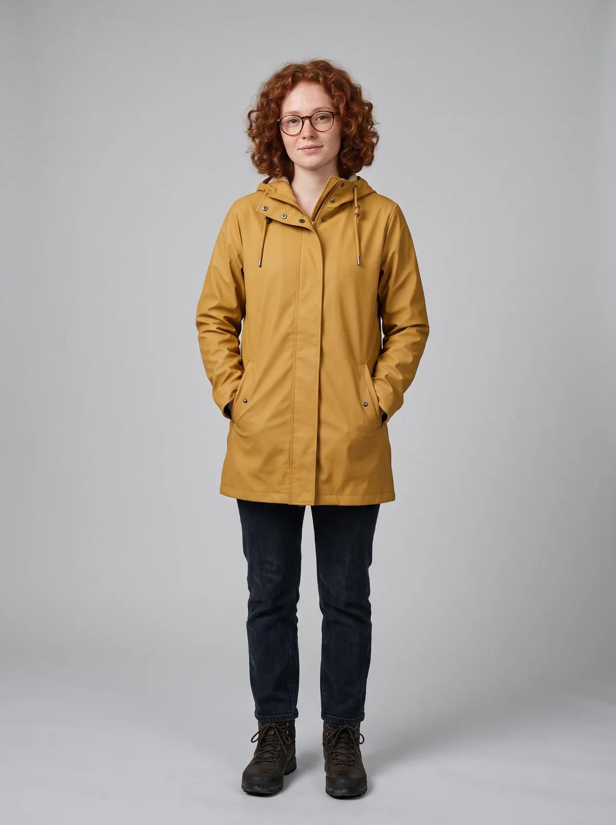 Referenzfigur mit lockigem rotem Haar, runder Brille und gelbem Regenmantel