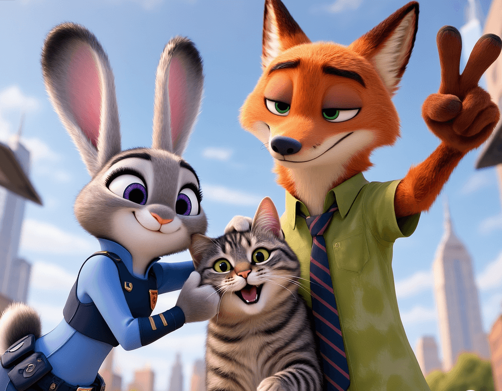Kombiniertes Selfie von Judy, Nick und einem Kätzchen