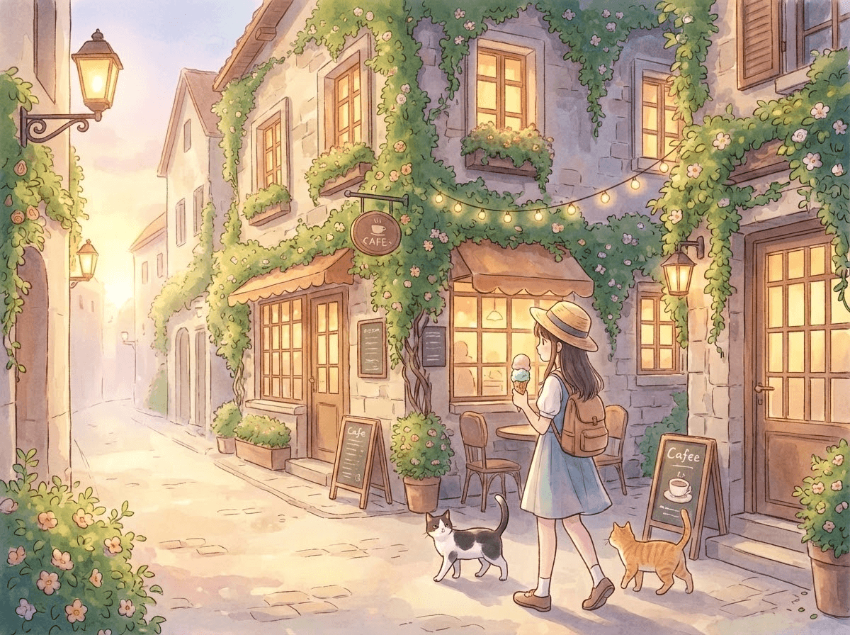 Mädchen mit Eis in einer gemütlichen Café-Gasse, Anime-Stil