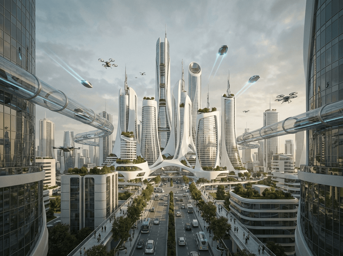 Panoramablick auf eine Zukunftsstadt