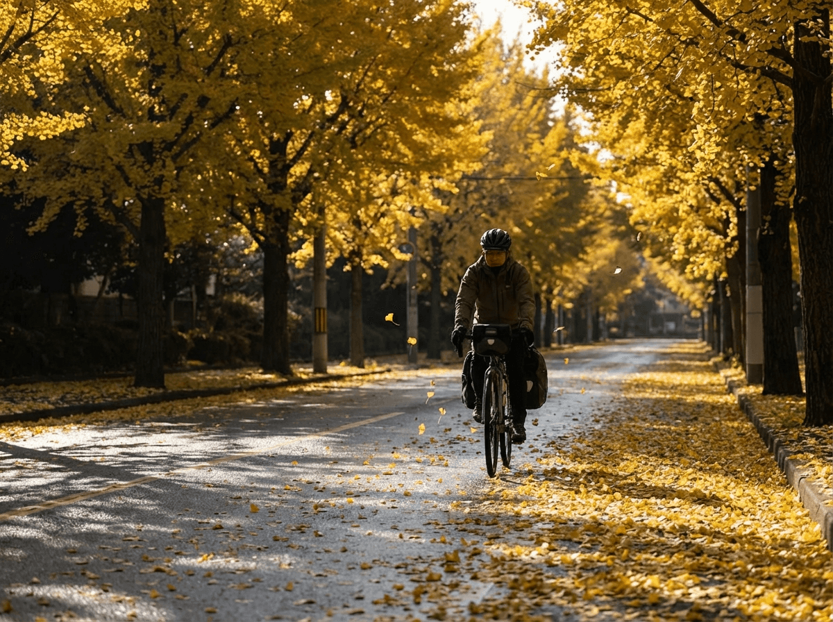 Radfahrer auf einer von Ginkgos gesäumten Straße