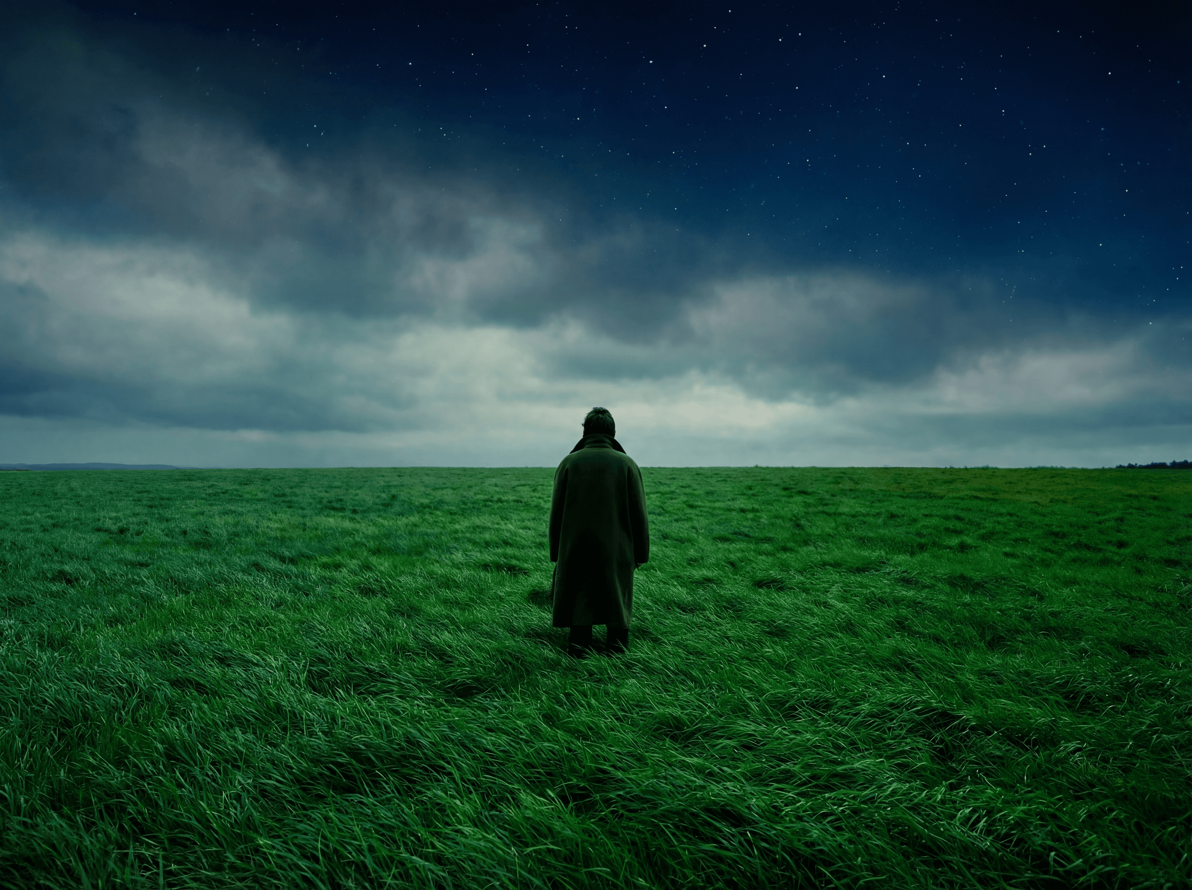Lonely grassland under a starry sky