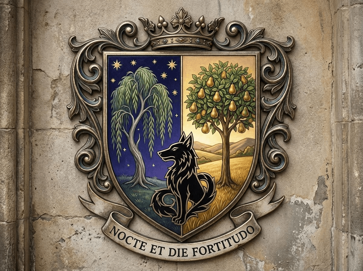 Heraldic emblem with willow, pear tree, and wolf silhouette