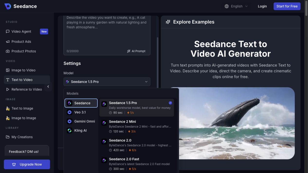 Seedance-Text-zu-Video-Arbeitsbereich mit Modelauswahl, Prompt-Feld, Einstellungen und Beispielen